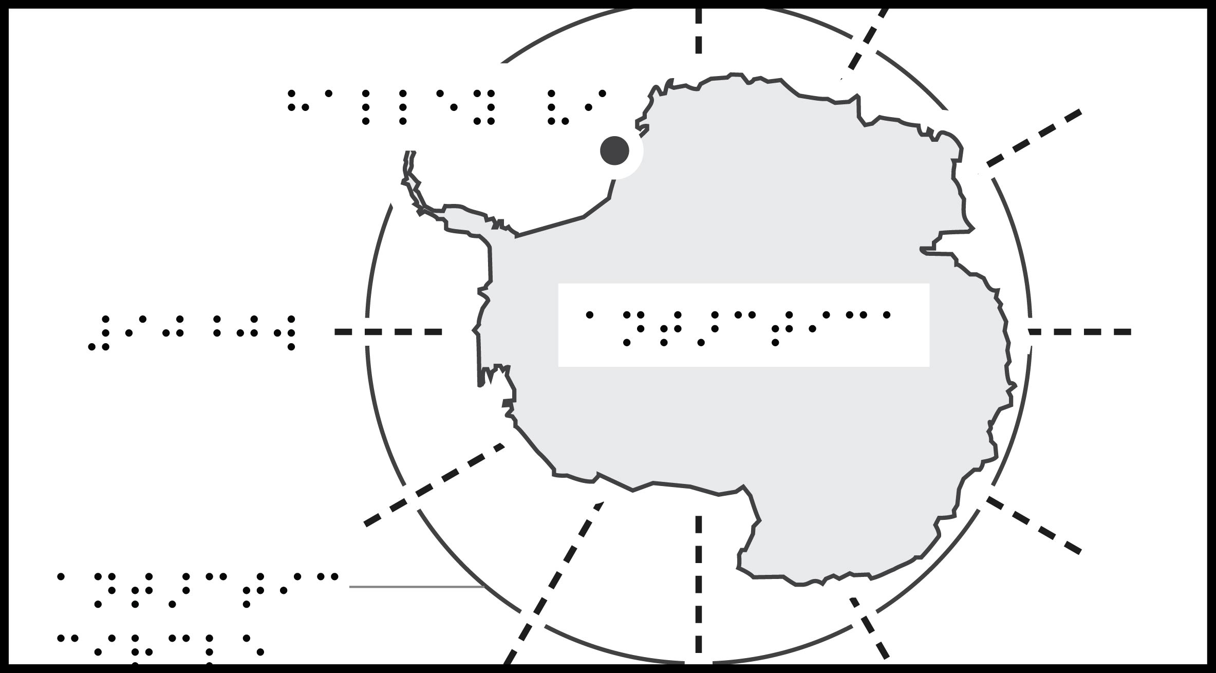 Tactile map of Antarctica with Longitude lines and braille labels.