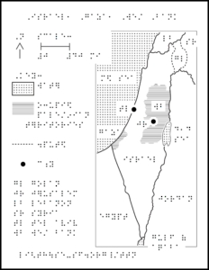 Braille labeled map and key of Israel/Palestine, including Gaza and West Bank.