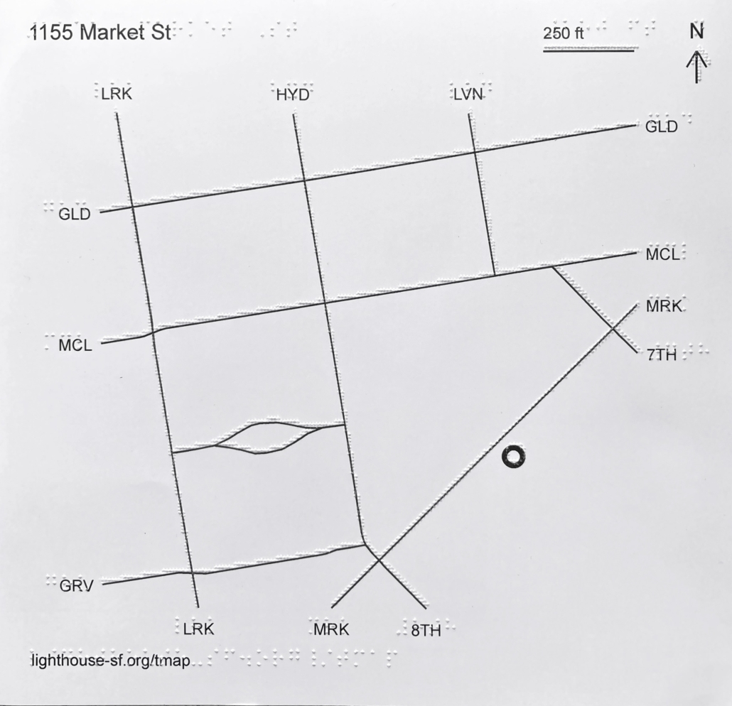 Auto-generated tactile map of 1155 Market St, showing braille and large print labels, raised lines for streets, and a target address circle.