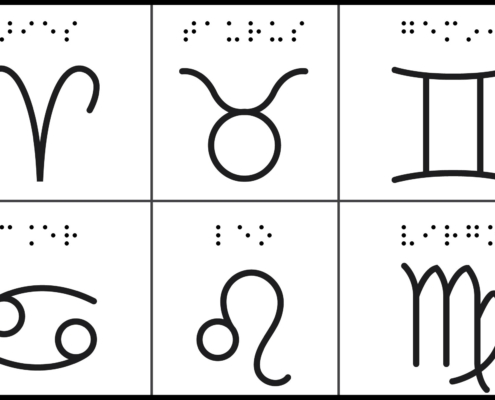 6 of 12 signs of the zodiac with braille labels
