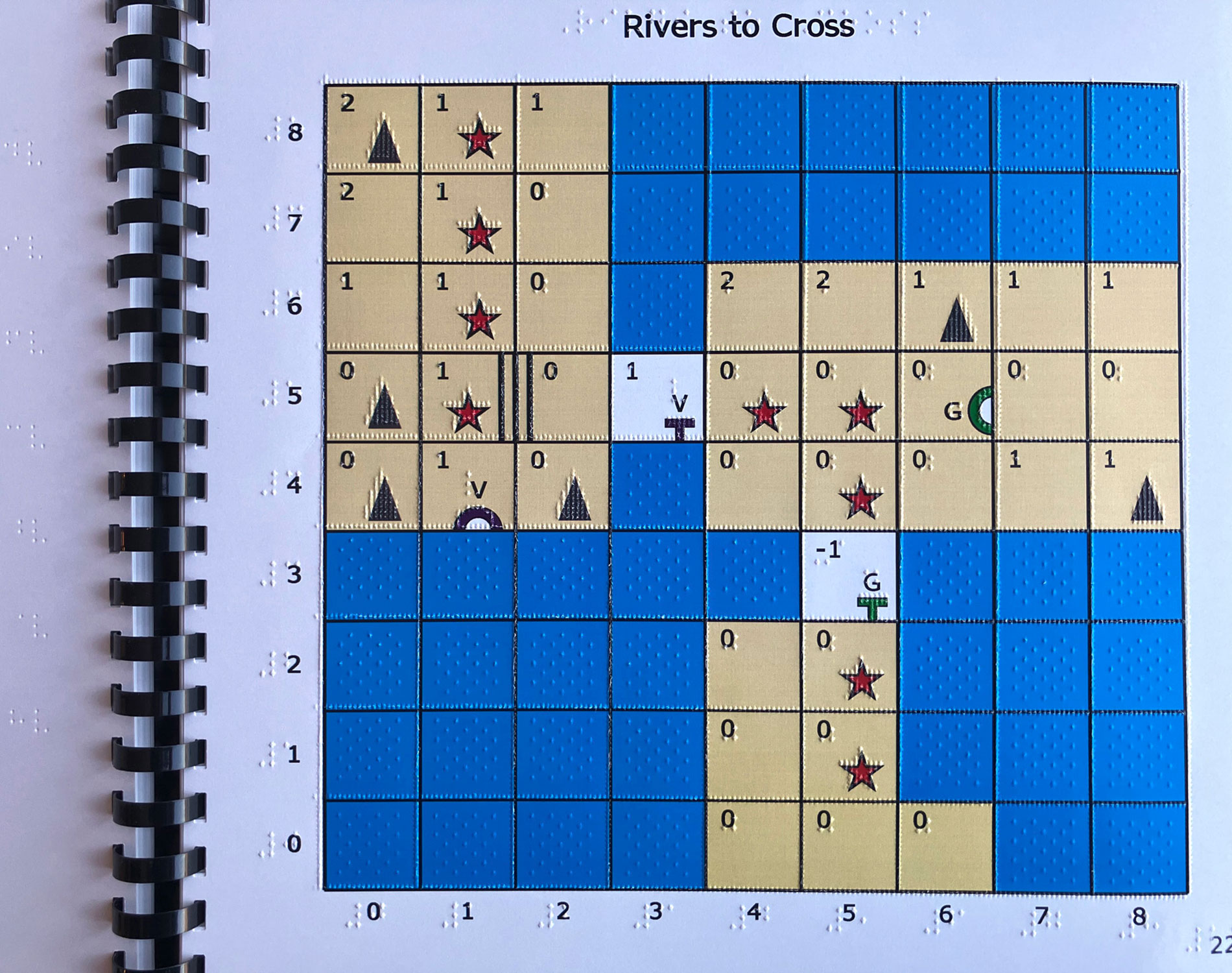 Close up of tactile layout corresponding with the 3D puzzle worlds found in Learn to Code; grid of raised lines and symbols, with braille and color large print.